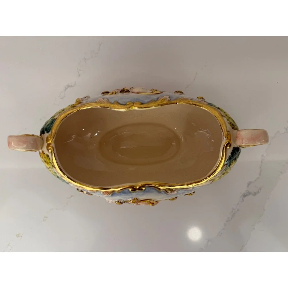 Capodimonte Italy Ceramic Centerpiece Bowl Relief Mythological Cherub Gold Gilt